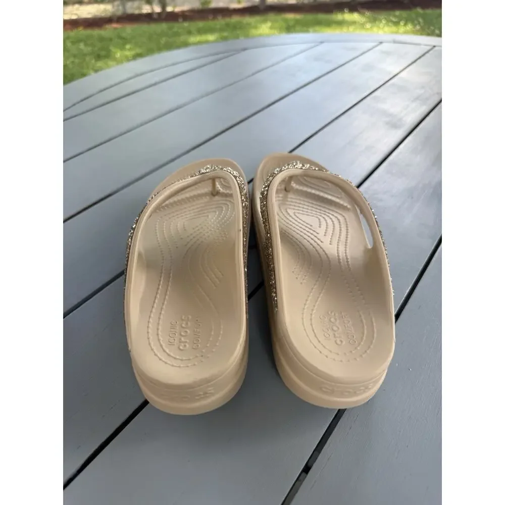 Crocs Sloane Tan Gold Glitter Flip Flop Platform Beach Sandals Wedge Size 9